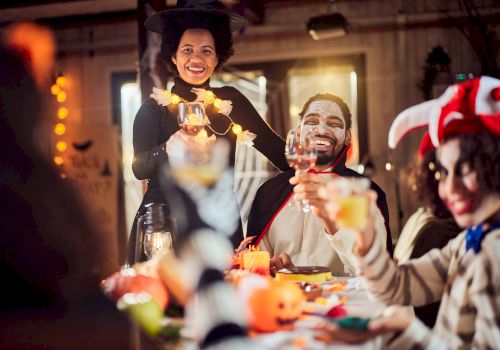 A smiling woman and man toast with glasses at a lively indoor party, with warm lights and friends celebrating.